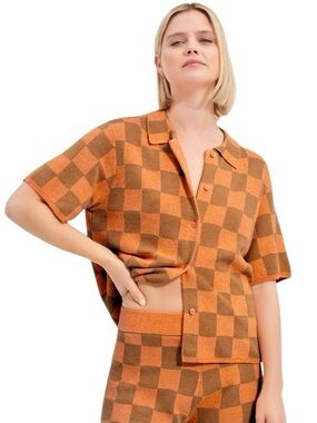UGH Jeannine Button Down Short Sleeve Sweater in Orange  Brown